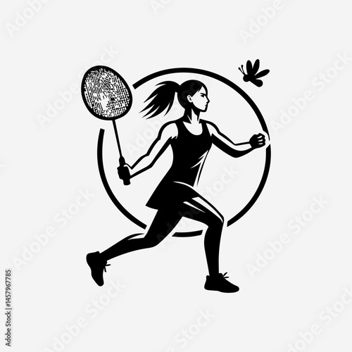 Black and white vector illustration of female badminton athlete holding racket and shuttlecock in aggressive game-ready stance