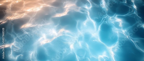 Top View of Light Blue Water Texture with Ripples in Swimming Pool, Watercolor Summer Concept