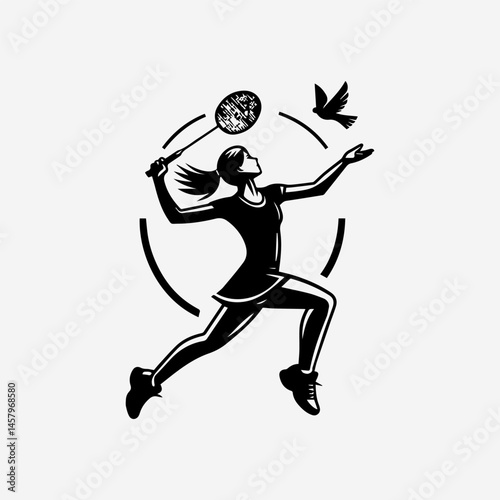 Dynamic black and white vector illustration of determined female badminton player ready to strike shuttlecock