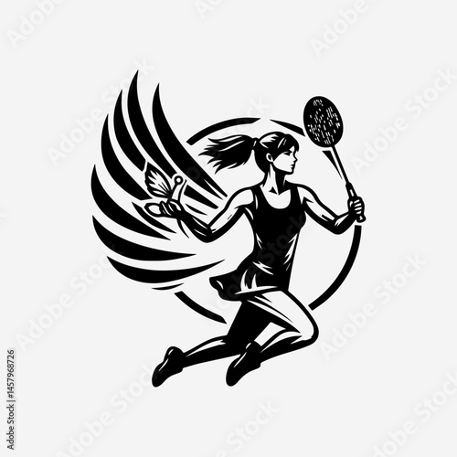 Dynamic black and white vector illustration of determined female badminton player ready to strike shuttlecock