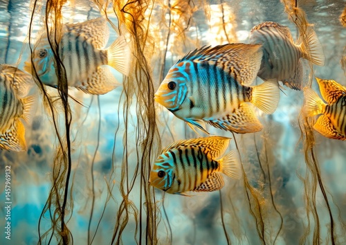 Tropical Fish Swimming in Aquarium with Golden Electrical Circuit Patterns and Radiant Glimmering Shades