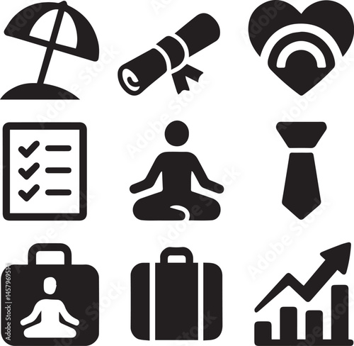 Versatile Icon Set Representing Personal and Professional Growth with Concepts Like Career Advancement, Skill Development, Goal Setting, Productivity, Leadership, and Self-Improvement in Modern Vector