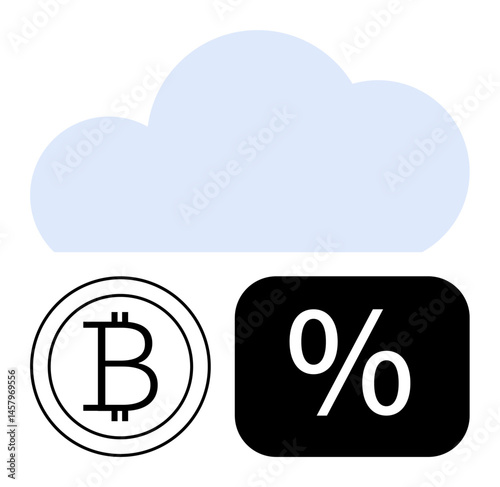 Large cloud above a Bitcoin logo and percentage icon illustrating cryptocurrency, cloud storage, data analytics, financial interest, blockchain, decentralized finance, flat simple metaphor
