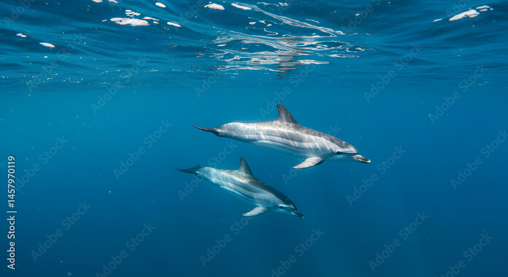 Obraz premium Two Spotted Dolphins Swimming Gracefully Under Clear Blue Ocean Sunlight Creating Shimmering Highlights On Sleek Bodies