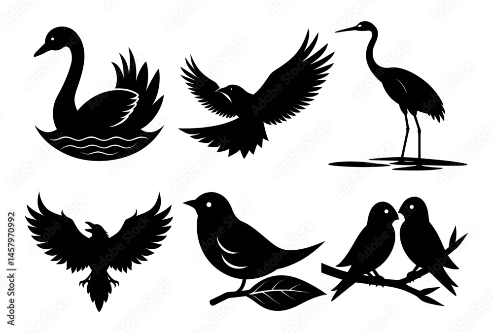 Fototapeta premium Exotic Bird Silhouette Vector Set with Toucan on White Background, Minimal Animal Art, Bundle of 6 Birds