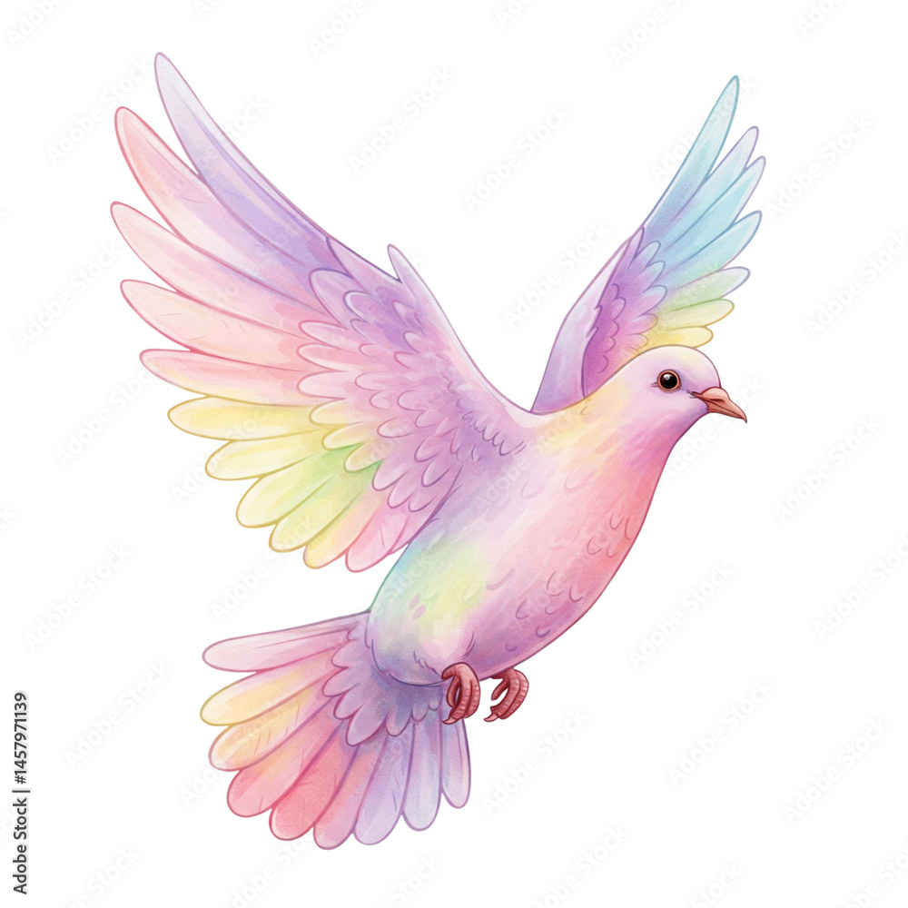 Fototapeta premium Colorful dove with pastel feathers and outstretched wings in flight.