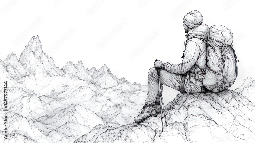 Obraz premium Contemplative Hiker Resting Atop Mountain Peak, Enjoying Solitude and Vast Landscape