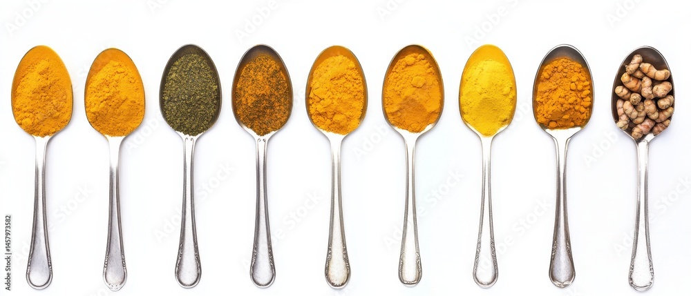Fototapeta premium Assortment of Spices and Turmeric Roots on Silver Spoons Overhead Shot on White Background for Cooking and Healthy Lifestyle