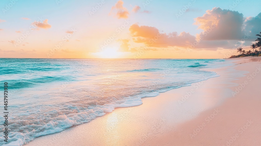 Obraz premium Serene beach with turquoise waves, pink sand, and a vibrant orange sunset