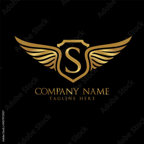 wing and shield letter S Gold color, Victory logo, wing logo, vector logo template