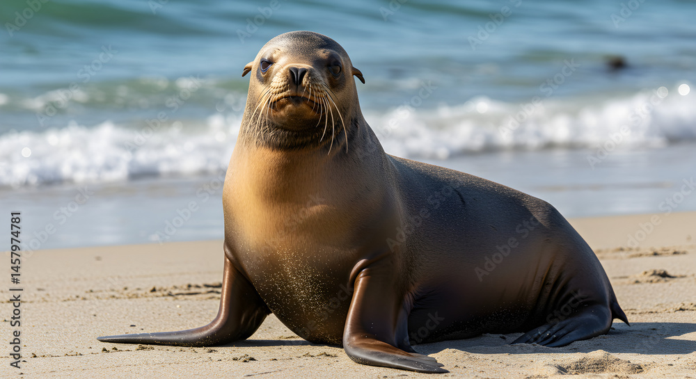 Fototapeta premium Close Up Brown Fur Seal Resting on Sandy Beach with Ocean Background Under Sunlight on Sunny Day