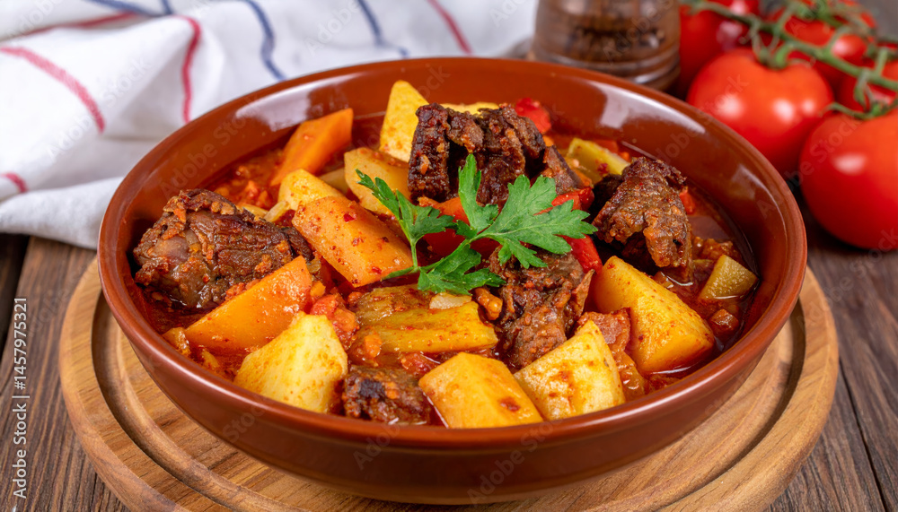 Delicious Turkish stew featuring tender lamb, vibrant vegetables, and rich spices, served in rustic bowl. This hearty dish is perfect for sharing and evokes warmth and comfort Delicious Turkish stew featuring tender lamb, vibrant vegetables, and rich spices, served in rustic bowl. This hearty dish is perfect for sharing and evokes warmth and comfort