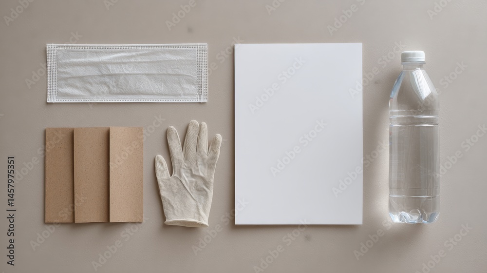 Fototapeta premium Essential Supplies Flat Lay on Beige Background for Health and Wellness