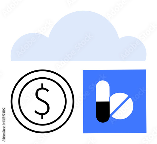 Cloud icon symbolizes connectivity above a dollar sign coin and medication icon. Ideal for healthcare, finance, digital payments, telemedicine, pharmaceutical management, cloud technology, simple