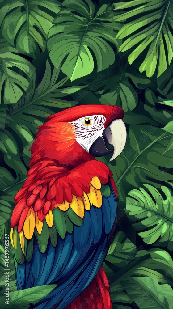 Fototapeta premium Colorful Scarlet Macaw Portrait Amidst Lush Tropical Foliage Graphic Illustration Style