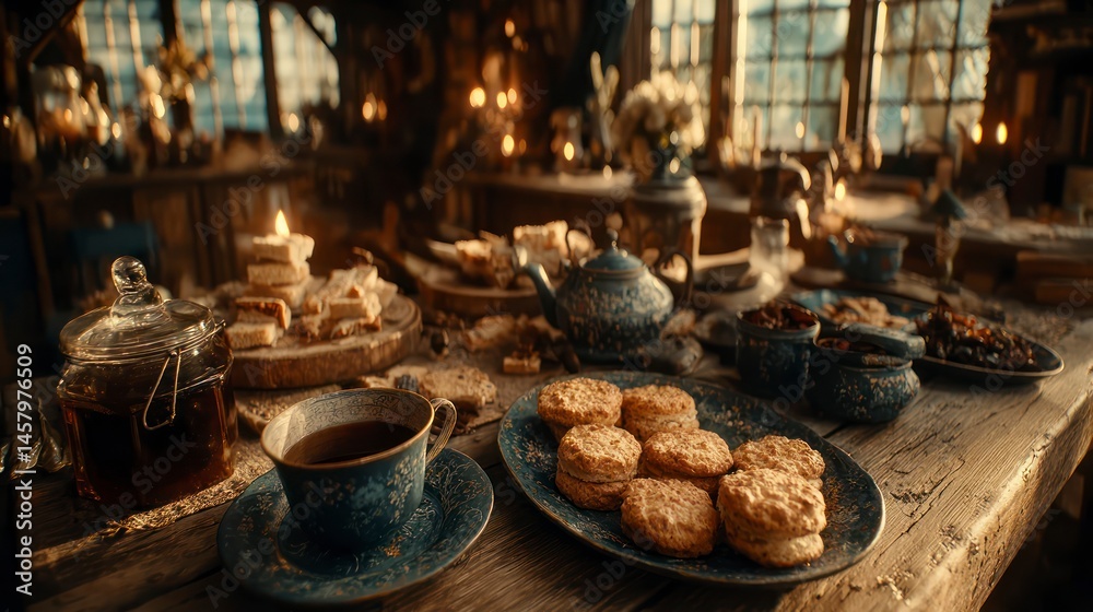 Fototapeta premium Cozy Afternoon Tea Setup with Rustic Charm and Warm Lighting