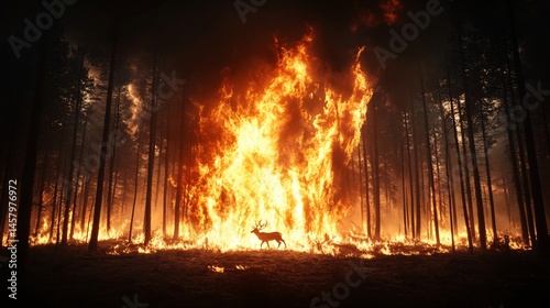 Majestic Deer Silhouetted Against Intense Wildfire in Dense Forest