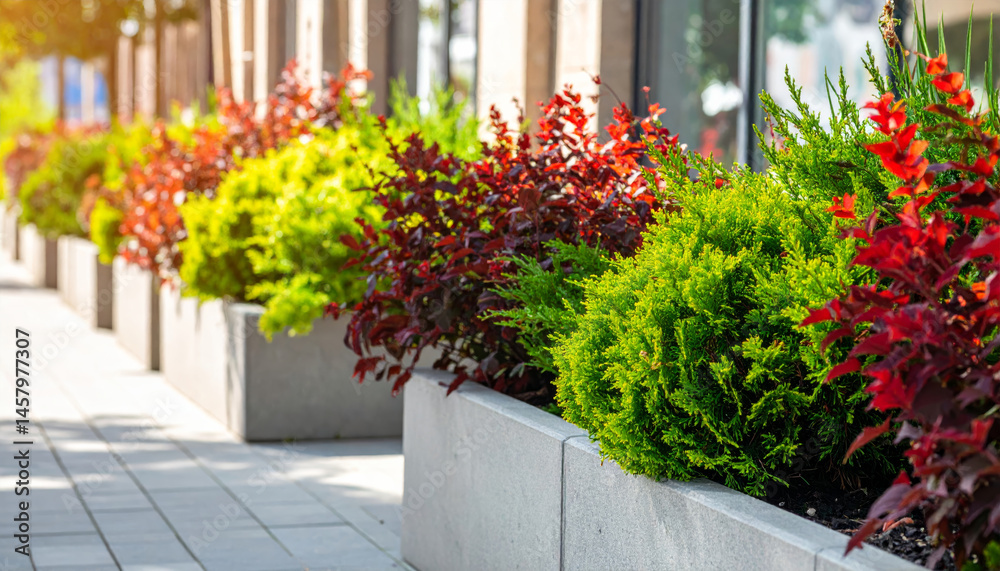 Fototapeta premium Lush greenery and vibrant foliage line modern sidewalk, showcasing variety of colorful plants in concrete planters. scene evokes sense of tranquility and urban beauty