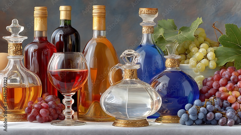Elegant display of assorted wines, spirits and fresh grapes on a textured background Elegant display of assorted wines, spirits and fresh grapes on a textured background