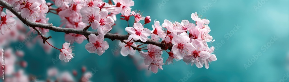 Obraz premium Blossoming apricot tree branches under blurred beautiful sky concept. Delicate pink cherry blossoms against a serene blue background.