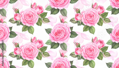 Wallpaper Mural Beautiful seamless pattern featuring pink roses with delicate petals and lush green leaves, creating romantic and elegant floral design that evokes feelings of love and tranquility Torontodigital.ca