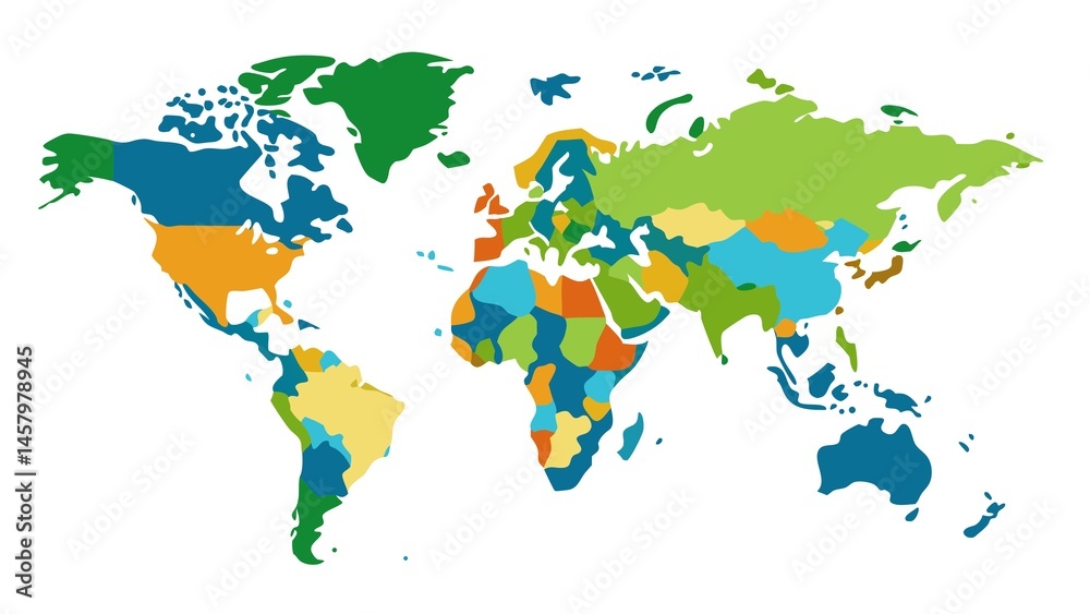 Obraz premium A colorful world map with the continents of Africa, Asia, Europe, North America