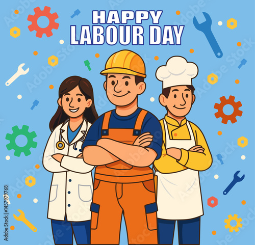 Happy labour day cartoon character.