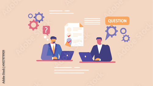 Businessmen Collaborate Solving Problems Strategic Questioning Checklist Review Laptop Use Modern