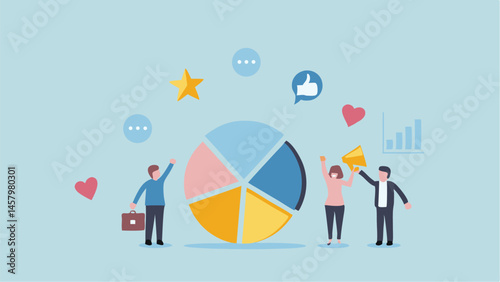 Team celebrates success achieving marketing goals Positive feedback growth chart and pie chart