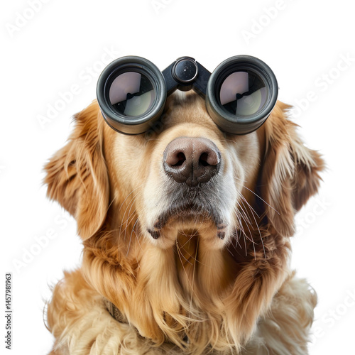Dog holding Binoculars searching looking observing isolate on white background