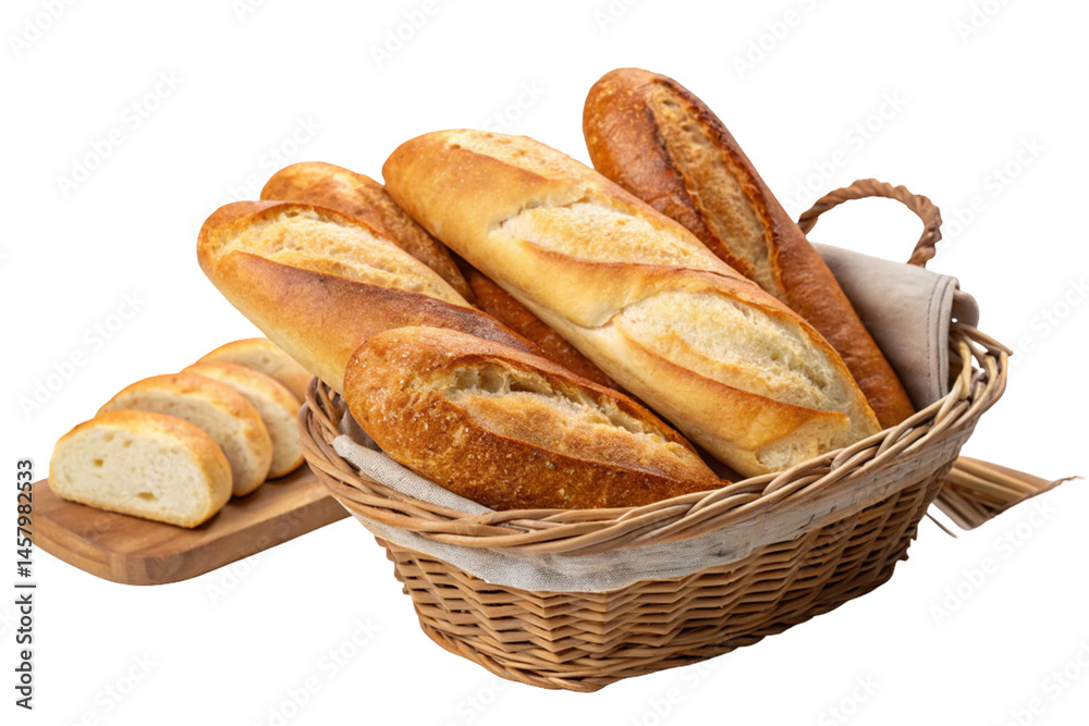 A white loaf and a brown roll rest in an isolated basket, a fresh, baked snack A white loaf and a brown roll rest in an isolated basket, a fresh, baked snack