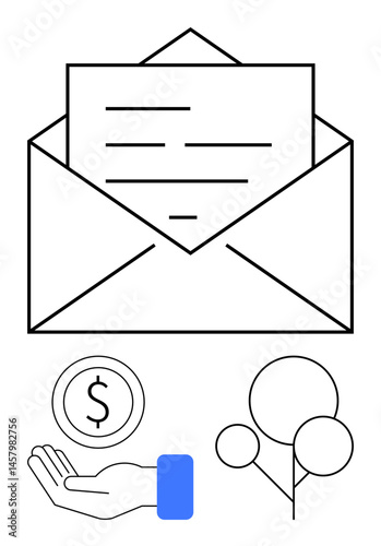 Open envelope with letter, dollar coin in a hand, and tree icon blending communication, finance, and growth. Ideal for email marketing, investment, charity, business growth environmental care