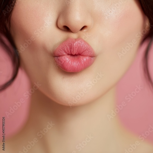 A close-up of a woman's face with smooth, fair skin, puckering her lips as if blowing a kiss, wearing soft pink lipstick against a matching pink background.