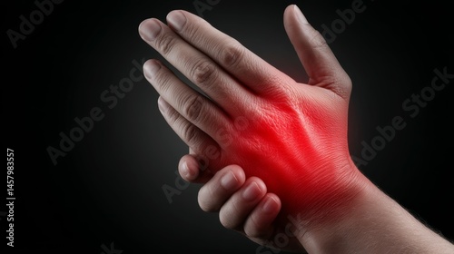 A person is holding their hand in discomfort, with a red highlighted area on the back of the hand, indicating pain or inflammation, against a dark background.