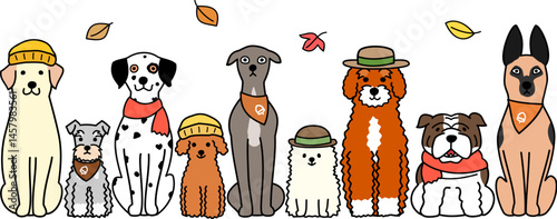 autumn cartoon dogs sitting in a row