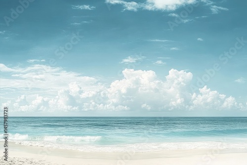 Tranquil Azure Seascape, White Sandy Beach, Foamy Waves Under Cloudy Sky Scenery