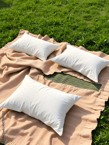 Pillows lie on homespun bedspreads on green grass
