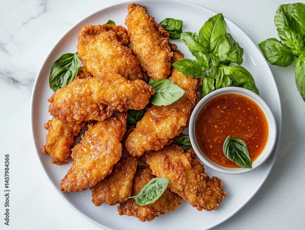 Fototapeta premium Crispy Fried Chicken Tenders Served with Sweet Chili Sauce on White Plate Overhead Studio Shot