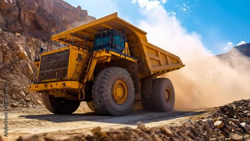 Powerful Dump Truck Operating on Dusty Road in Mining Site Under Clear Blue Sky