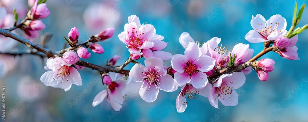 Blossoming apricot tree branches under blurred beautiful sky concept. Beautiful cherry blossoms bloom against a vibrant blue background. Blossoming apricot tree branches under blurred beautiful sky concept. Beautiful cherry blossoms bloom against a vibrant blue background.