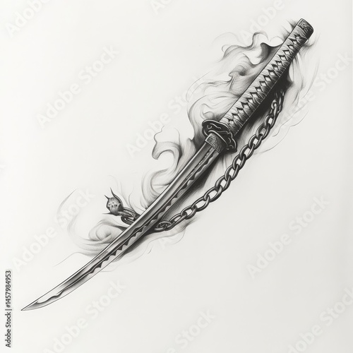 katana, draw, asian, cut, Japan, smoke, black and white, chain, weapon