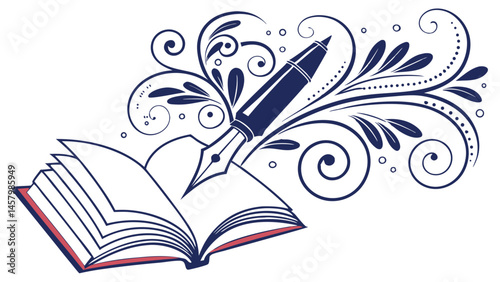 Book and pen illustration for writing concept with floral design and creative writing inspiration