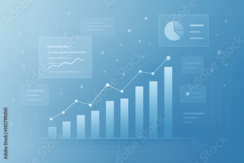 Rising Metrics: An artistic portrayal of ascending data visualizations, showcasing exponential growth, financial progress, and successful business metrics on a vibrant blue background.