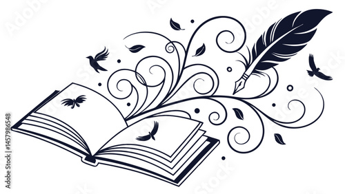 Book writing illustration with feather pen and birds creative writing and storytelling concept art design
