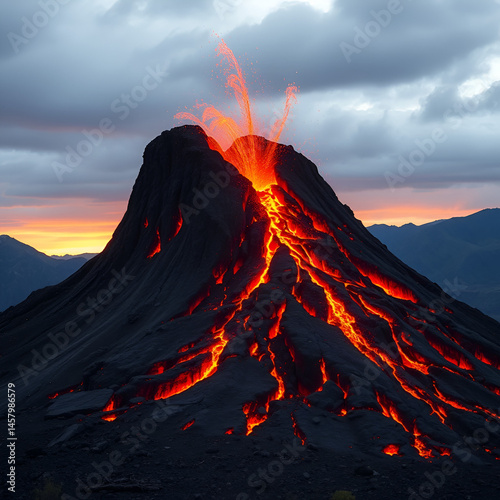 A rock volcano spews red-hot burning molten lava against a natural landscape. Concept of nervous breakdown, repressed emotions photo