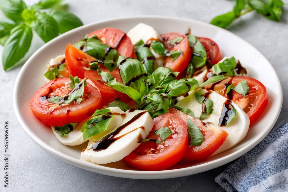 Caprese salad with fresh mozzarella cheese, tomatoes, basil and balsamic glaze on a white plate Caprese salad with fresh mozzarella cheese, tomatoes, basil and balsamic glaze on a white plate