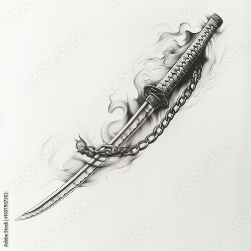 katana, draw, asian, cut, Japan, smoke, black and white, chain, weapon
