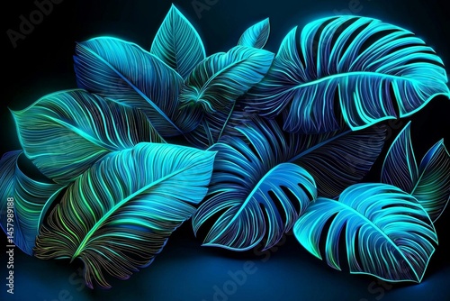 Vibrant neon backdrop enhances the tropical foliage.