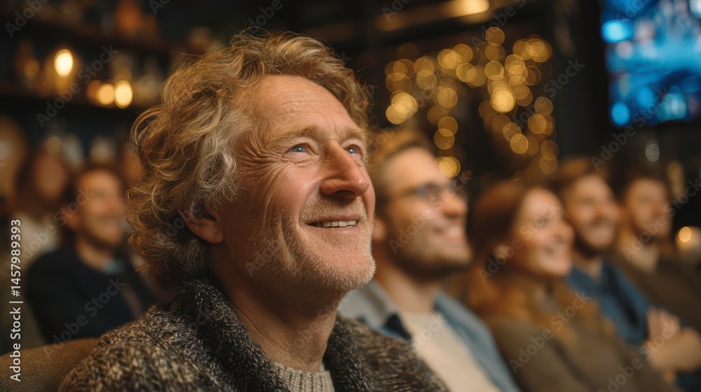 A cheerful audience enjoying a live performance with warm lighting and festive bokeh background A cheerful audience enjoying a live performance with warm lighting and festive bokeh background