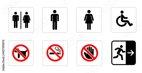 Public Safety and Facility Icon Set – Universal Symbols for Restrooms, Accessibility, and Prohibitions